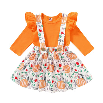Happyma Baby Girl Thanksgiving Outfit Toddler Skirt Set Ruffle Shirt Top Pumpkin Suspender Dress Thanksgiving Clothes For Girls