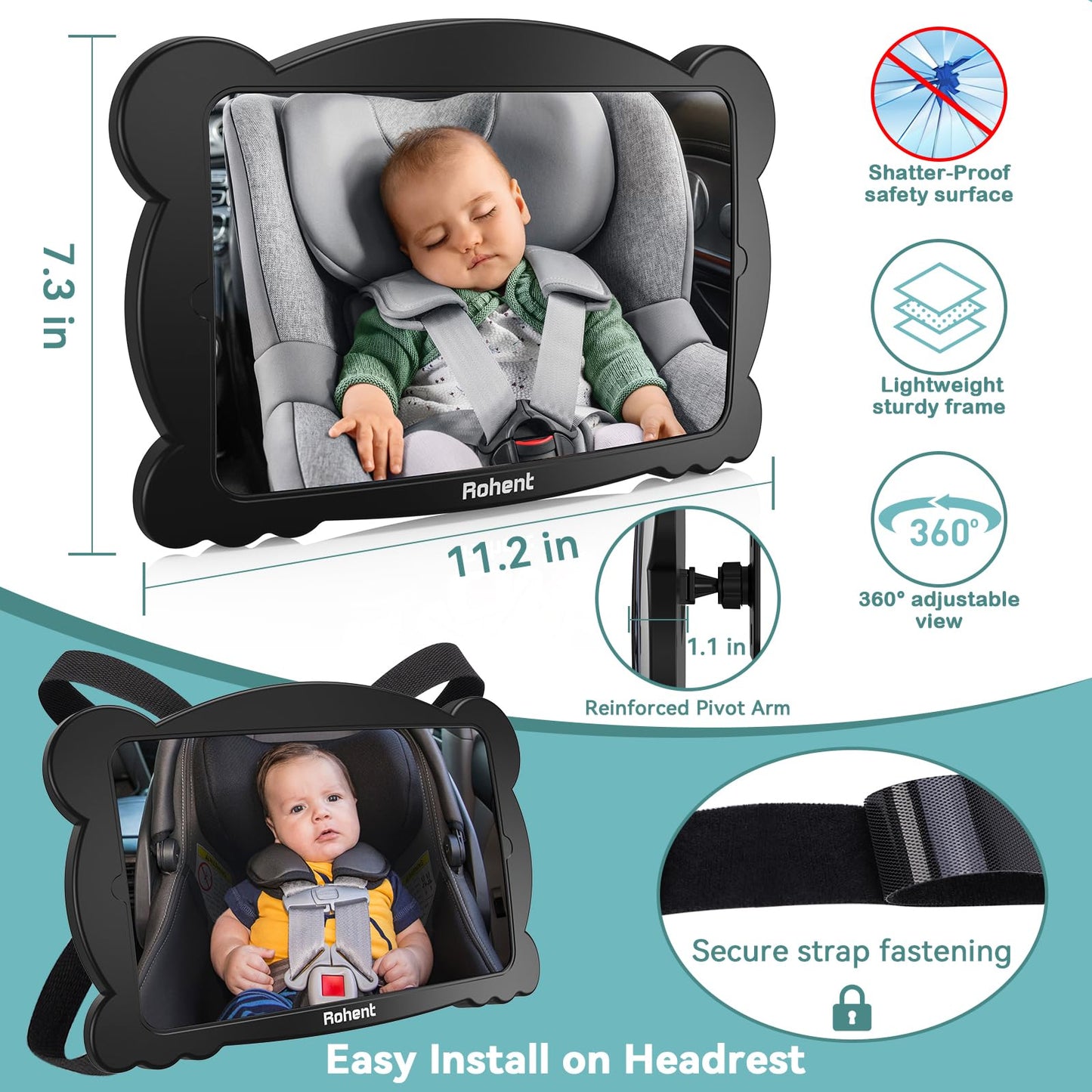 Rohent Baby Car Mirror For Carseat: Adjustable Shatterproof Car Seat Mirror For Baby Rear Facing Seat Easy Install On Headrest -
