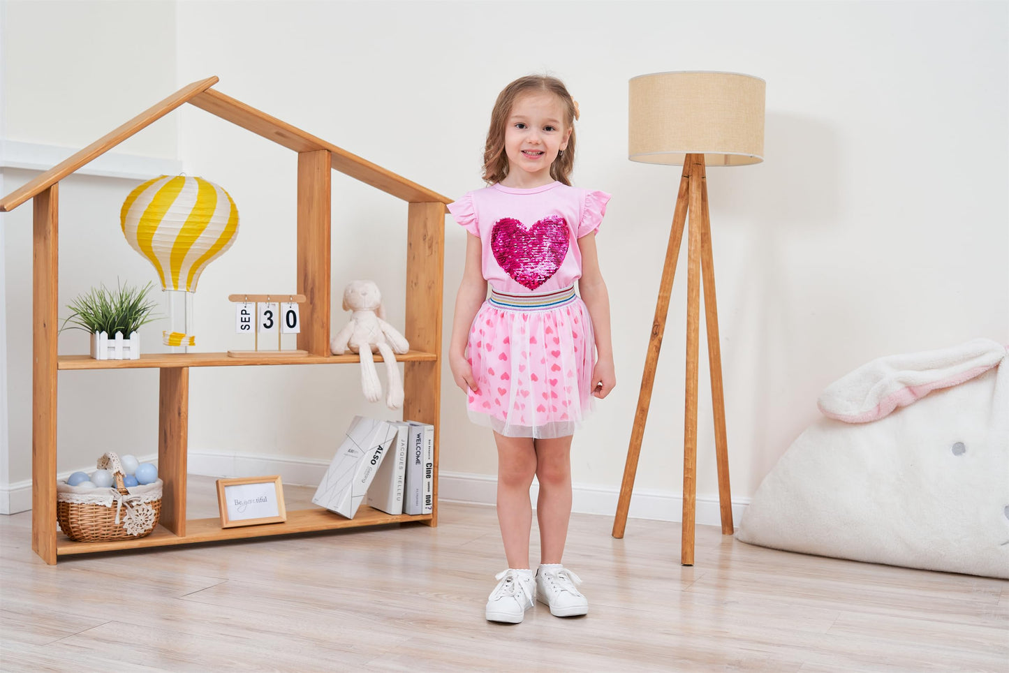 Retsugo Toddler Girls Heart Skirt Set Valentines Day Outfit Kids Flutter Shirt Tulle Skirts Tutu Heart Print Dress 3-4 Years