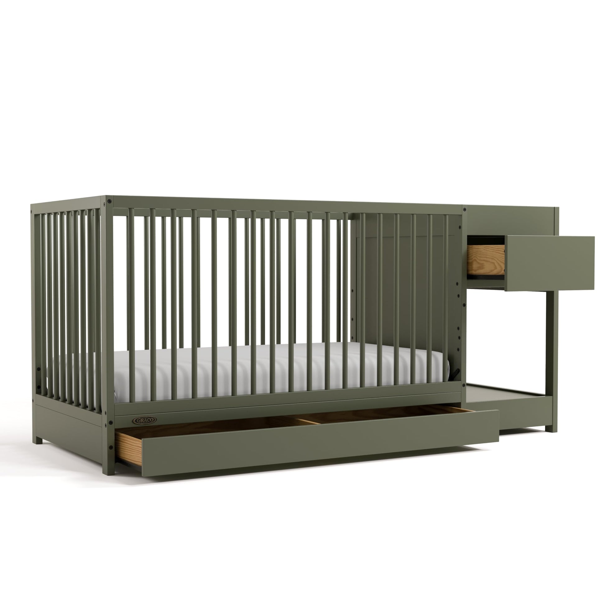 Graco Teddi 5-in-1 Convertible Crib & Changer with Drawer (Olive) - GREENGUARD Gold Certified Baby Crib Crafted from Wood, Conve