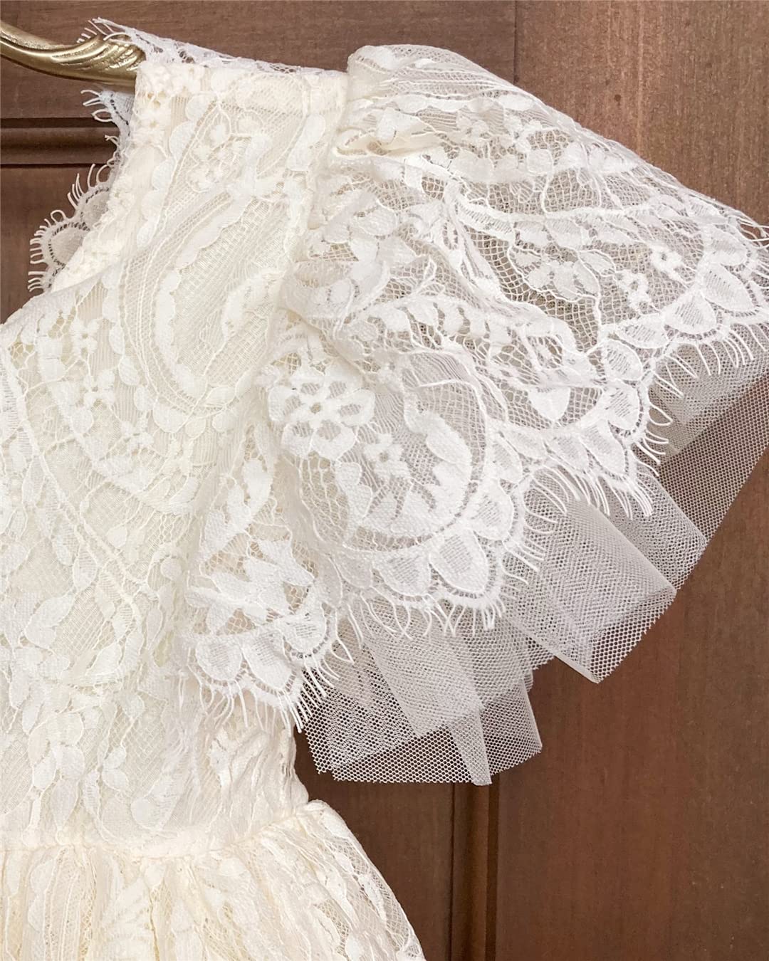 2Bunnies Girl Paisley Lace Back A-Line Tutu Tulle Party Flower Girl Dress (All Lace Flutter Sleeve Knee-Ivory, 7/8)