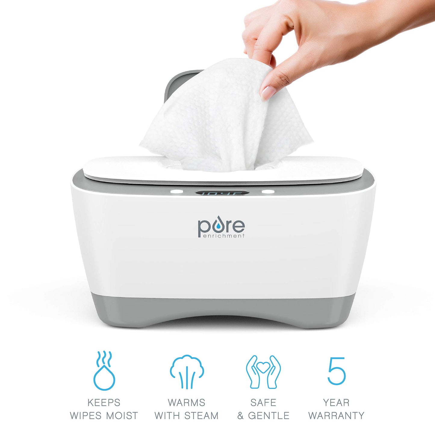 Purebaby Wipe Warmer With Digital Display - Easy-Feed Dispenser With 3 Heat Settings, Lcd Display, 80 Wipe Capacity, Naturally S