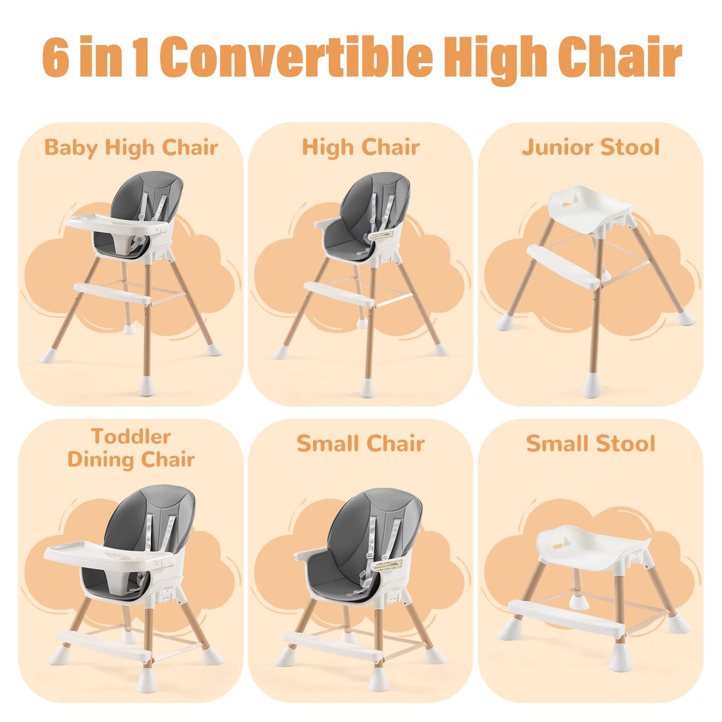 Xhakchik 6-In-1 Convertible High Chair For Babies & Toddlers, Baby Feeding Chair With Adjustable Legs & Double Dishwasher Safe T