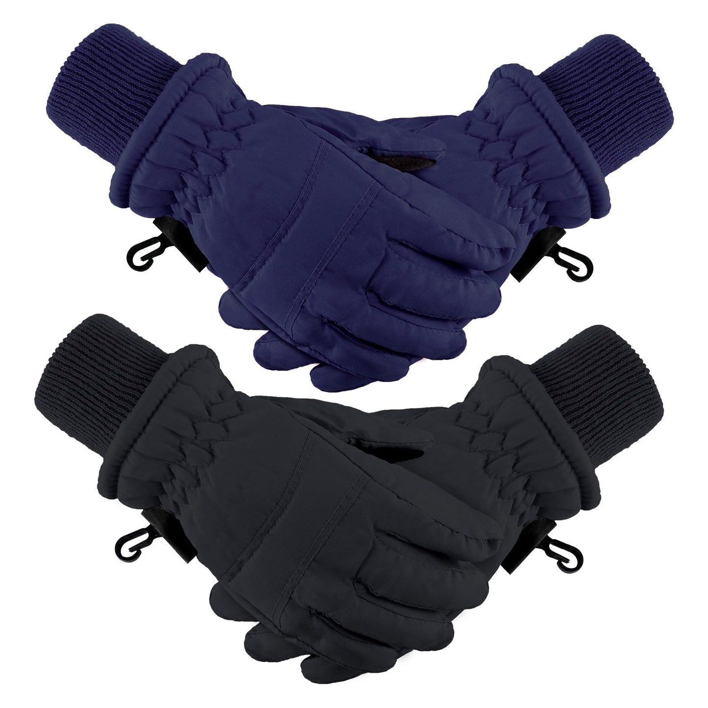 2 Pairs Kids Winter Ski Gloves Waterproof Warm Snow Mittens Full Finger Gloves For Toddlers Infants (Black, Navy Blue, 3-6 Years