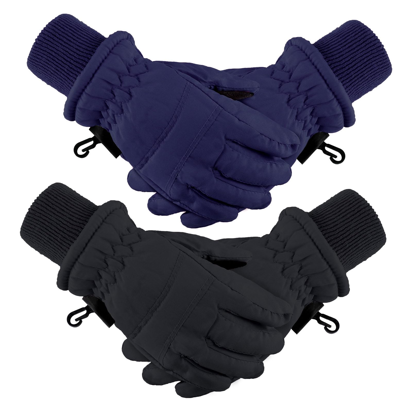 2 Pairs Kids Winter Ski Gloves Waterproof Warm Snow Mittens Full Finger Gloves For Toddlers Infants (Black, Navy Blue, 3-6 Years
