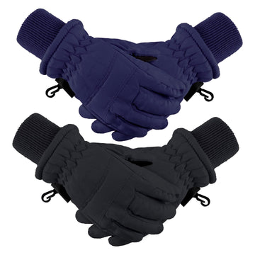 2 Pairs Kids Winter Ski Gloves Waterproof Warm Snow Mittens Full Finger Gloves For Toddlers Infants (Black, Navy Blue, 3-6 Years
