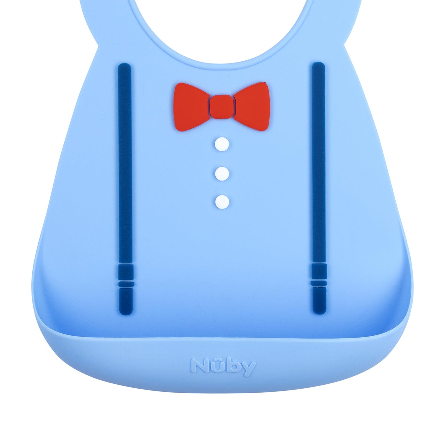 Nuby 3D Soft Silicone Baby Bib With Scoop - Silicone Bib For Toddlers And Babies 6+ Months - Suspenders And Bow Tie