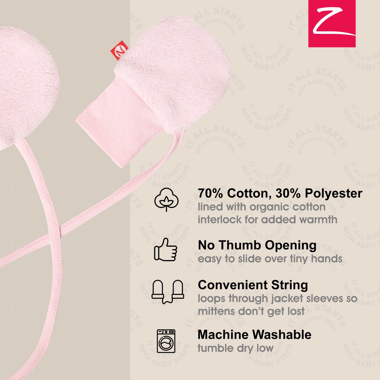 Zutano Fleece Mittens For Babies, Infants, And Newborns, Thumbless Outdoor Winter Baby Gloves, Baby Pink