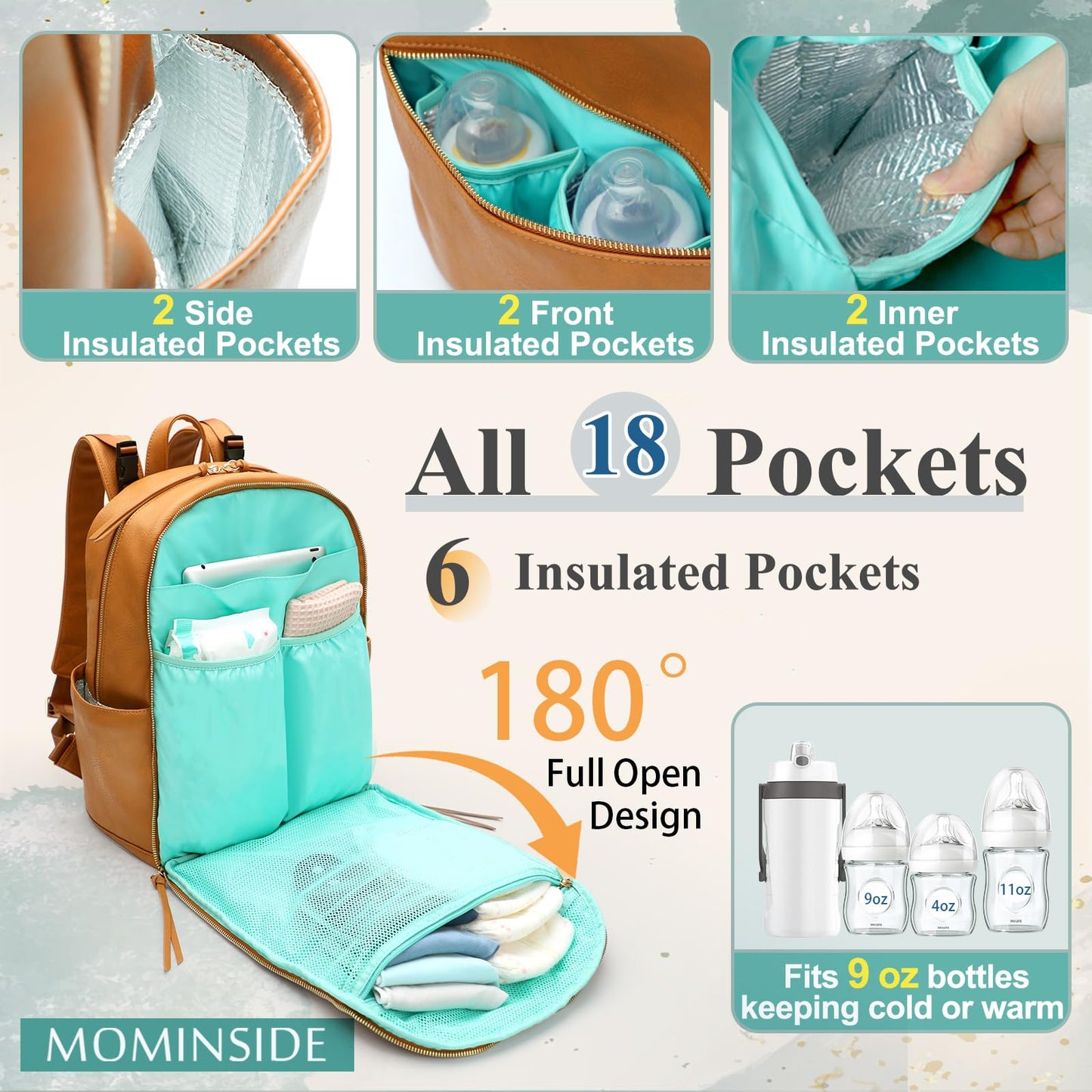 Mominside Diaper Bag Backpack With 6 Insulated Pockets, Leather Baby Bag For Mom Dad, Baby Registry, 18 Pockets, Changing Pad, S