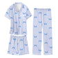Schbbbta Girls 3 Pieces Pajamas Sets Silk Satin Sleepwear Button Down Short Sleeve Pjs Outfits, Blue Stripe Bow, 78 Years