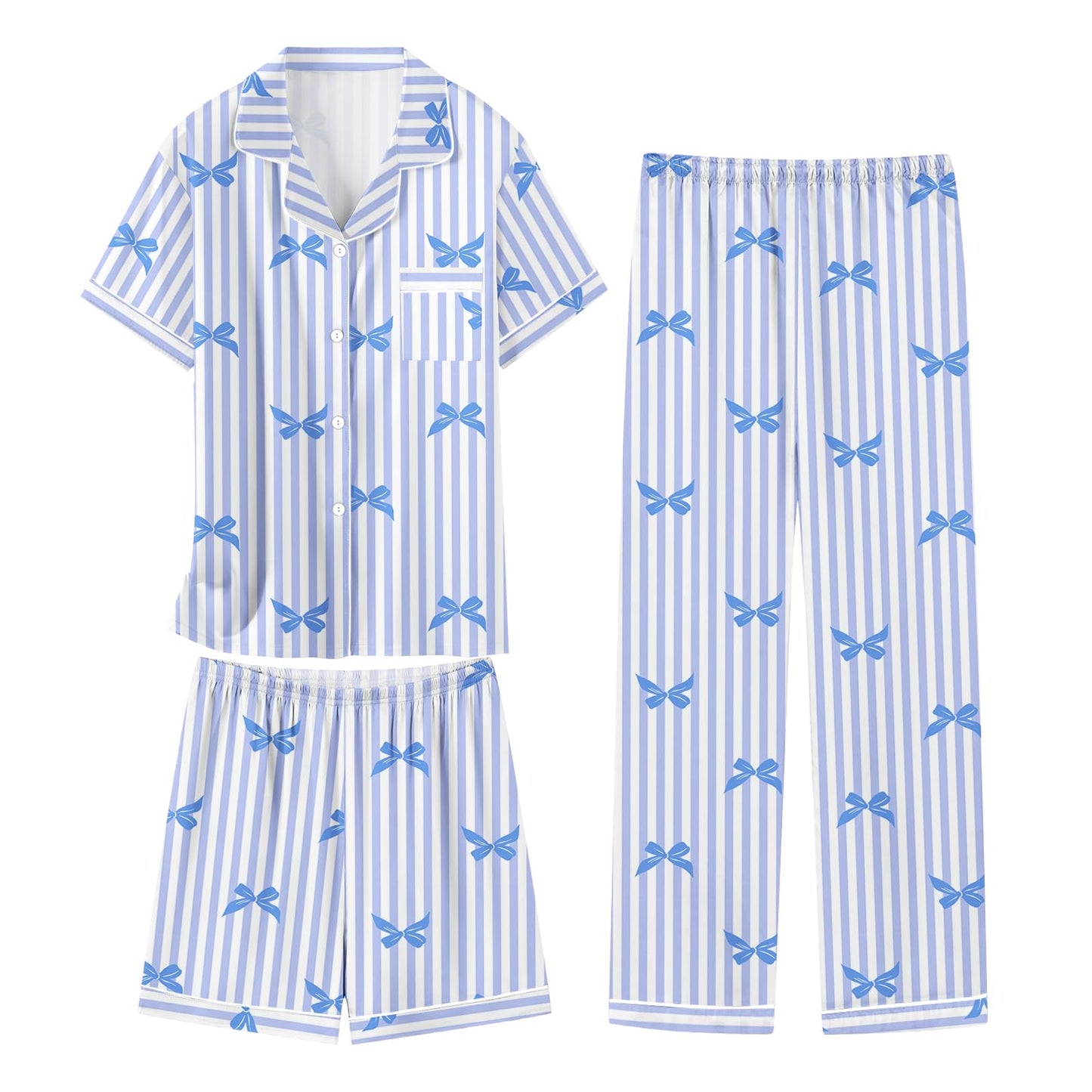Schbbbta Girls 3 Pieces Pajamas Sets Silk Satin Sleepwear Button Down Short Sleeve Pjs Outfits, Blue Stripe Bow, 78 Years