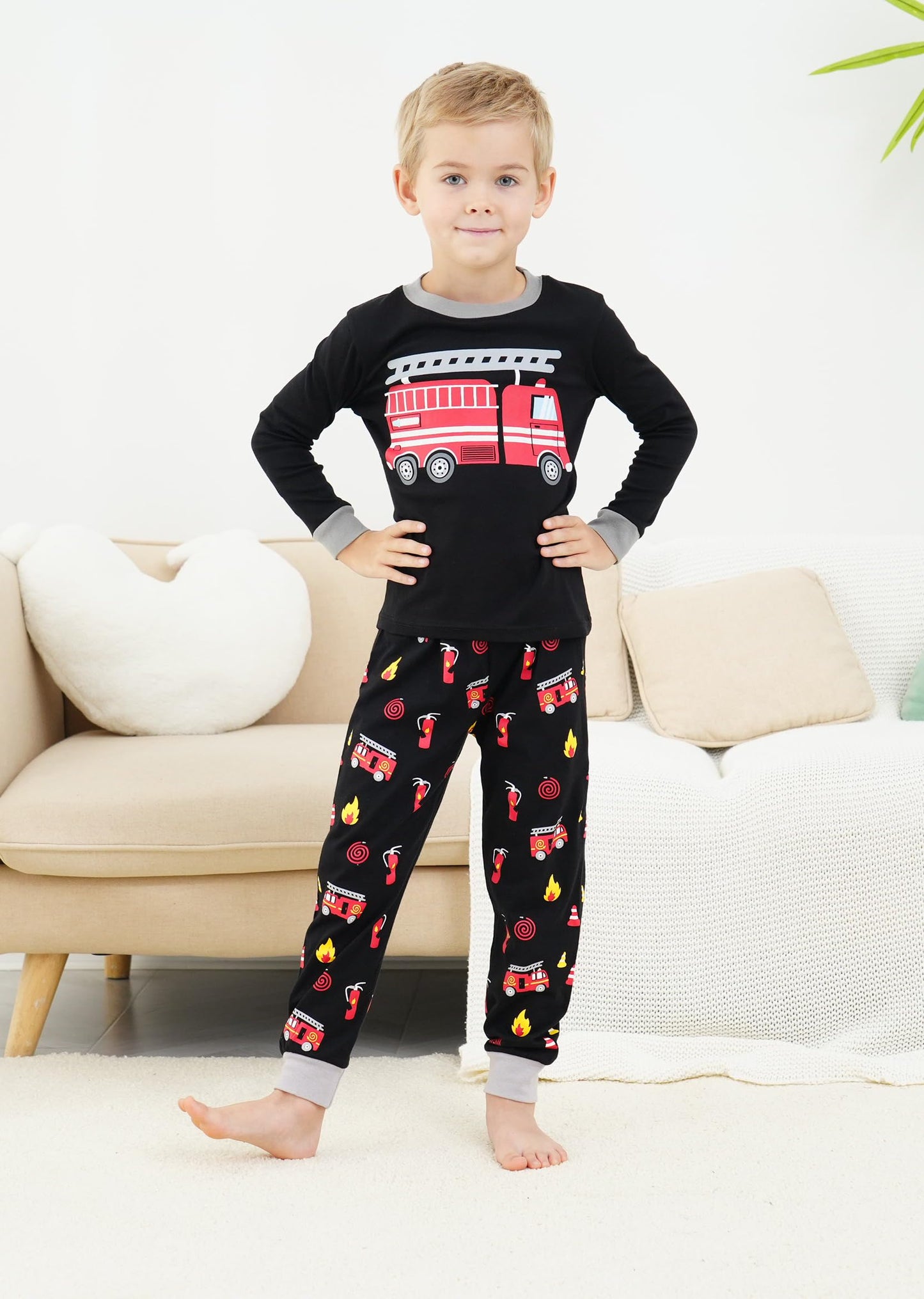 Boys Pajamas Fire Truck 100% Cotton Christmas Pjs Toddler 2 Piece Long Sleeve Sleepwear Kids Fireman Clothes Set 5T