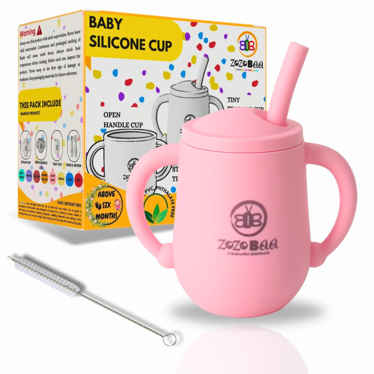 ZoZoBaa Small Silicone Sippy Cup with Straw, Lid & Handles, Light Pink