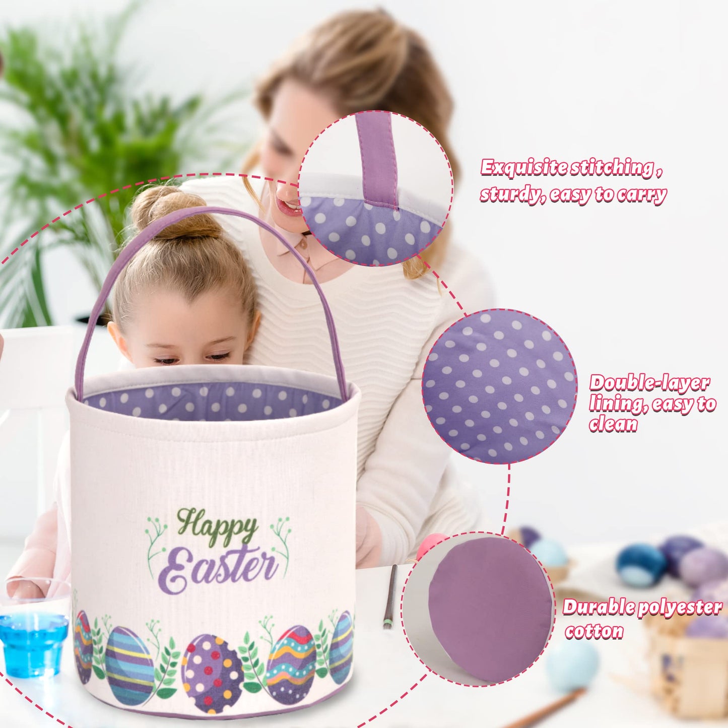 Lessmo 2 Pcs Easter Bunny Basket Easter Egg Buckets Gifts Tote Bags, Canvas Cotton Blue Purple Cute Personalized Egg Hunt Basket