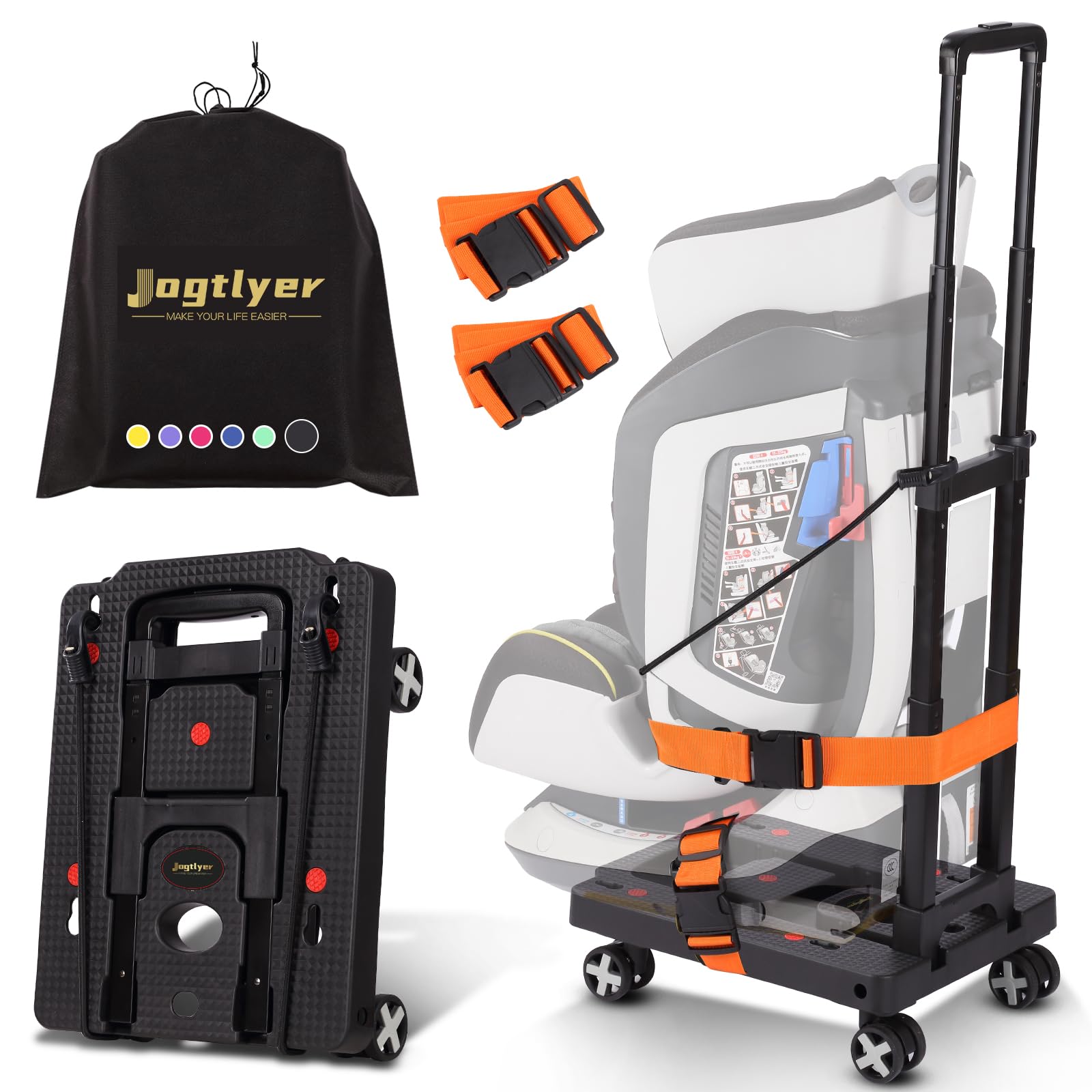 Jogtlyer Portable Car Seat Dolly for Airport, 110 Lbs Travel Cart with 4 Fixing Straps, No Assembly Foldable Hand Truck Compact 