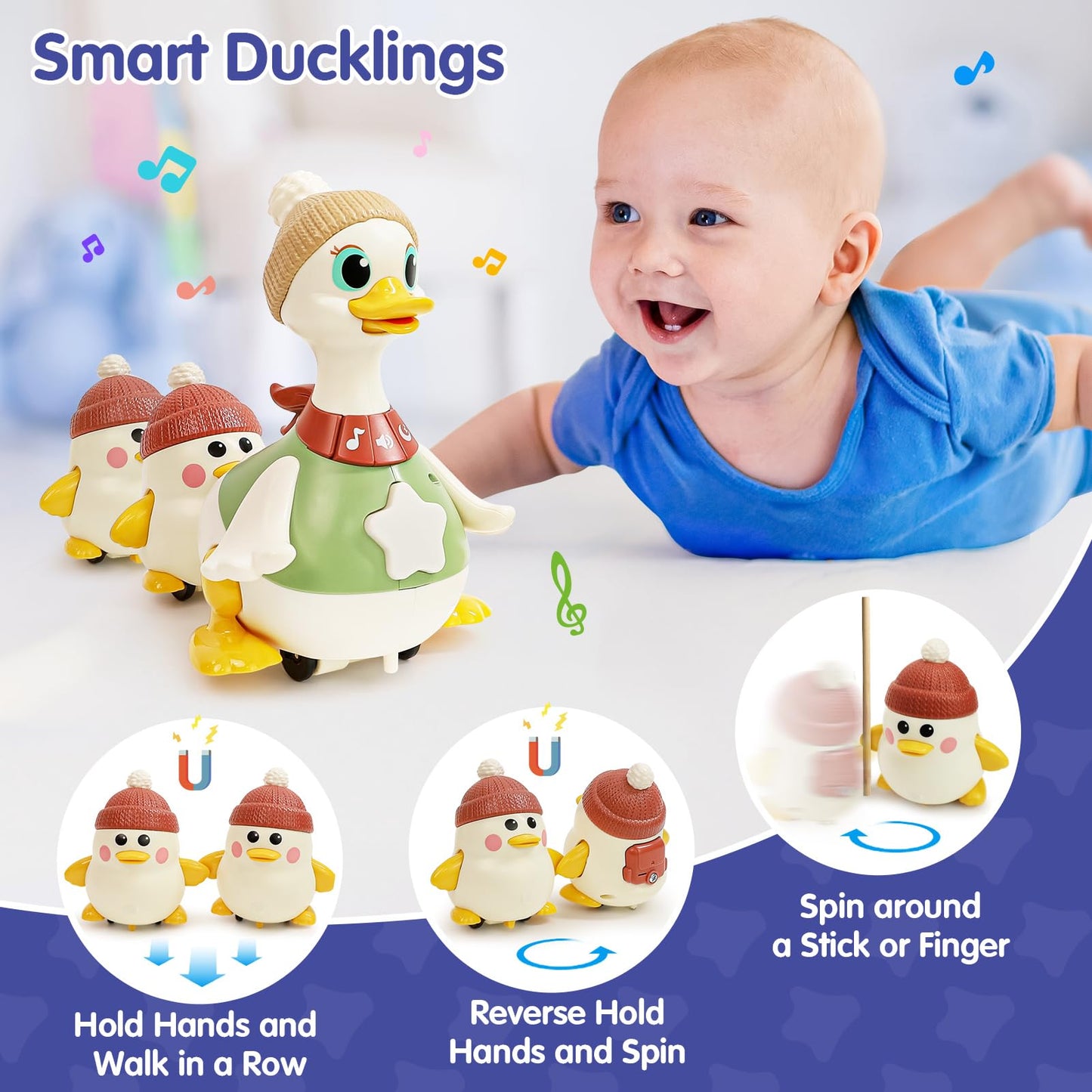 HOLA Baby Toys 6-12 Months Musical Dancing Duck Toy Set with Mama and Babys Tummy Time Toys, Crawling and Interaction Modes 1 Ye
