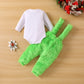 Visgogo Infant Baby Christmas Jumpsuit Set Letter Print Long Sleeve Romper Green Suspender Costume Pants (Green, 0-6 Months)
