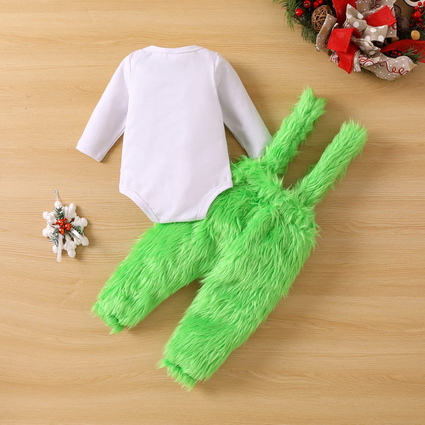 Visgogo Infant Baby Christmas Jumpsuit Set Letter Print Long Sleeve Romper Green Suspender Costume Pants (Green, 0-6 Months)