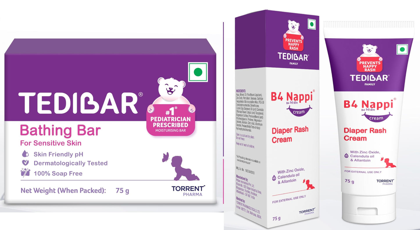 Tedibar Moisturising Baby Bathing Bar 75G(Pack Of 1) With Skin Friendly Ph & B4 Nappi Diaper Rash Cream For Babies 75G | Soothes