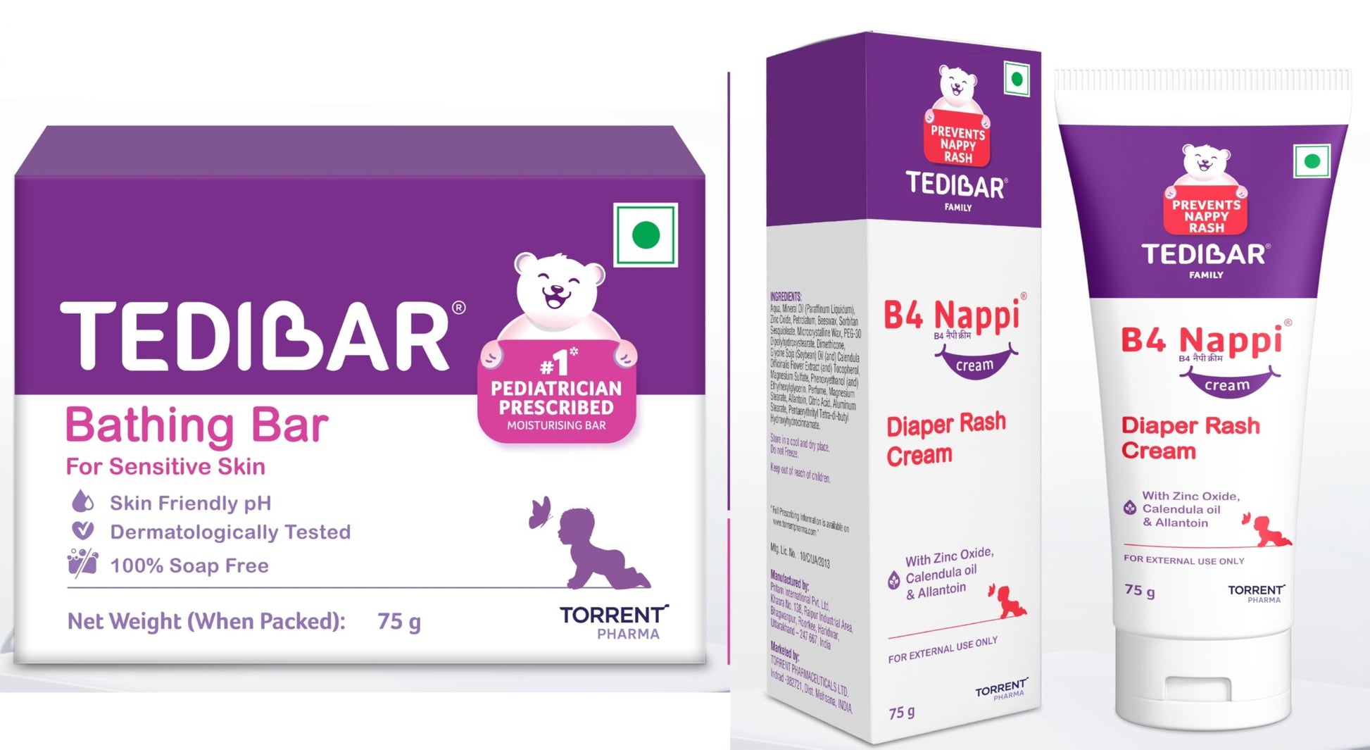 Tedibar Moisturising Baby Bathing Bar 75G(Pack Of 1) With Skin Friendly Ph & B4 Nappi Diaper Rash Cream For Babies 75G | Soothes