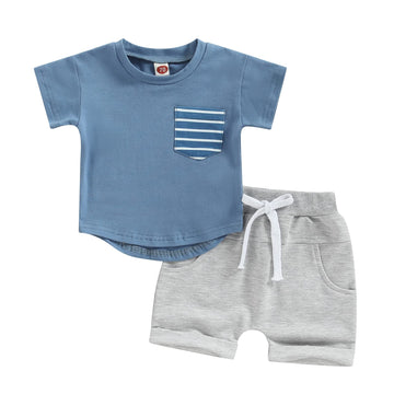 Adobabirl Toddler Baby Boy Summer Clothes Short Sleeve Striped Pocket Tshirt Top Solid Shorts Set Casual Outfits (A-Blue,6-12 Mo