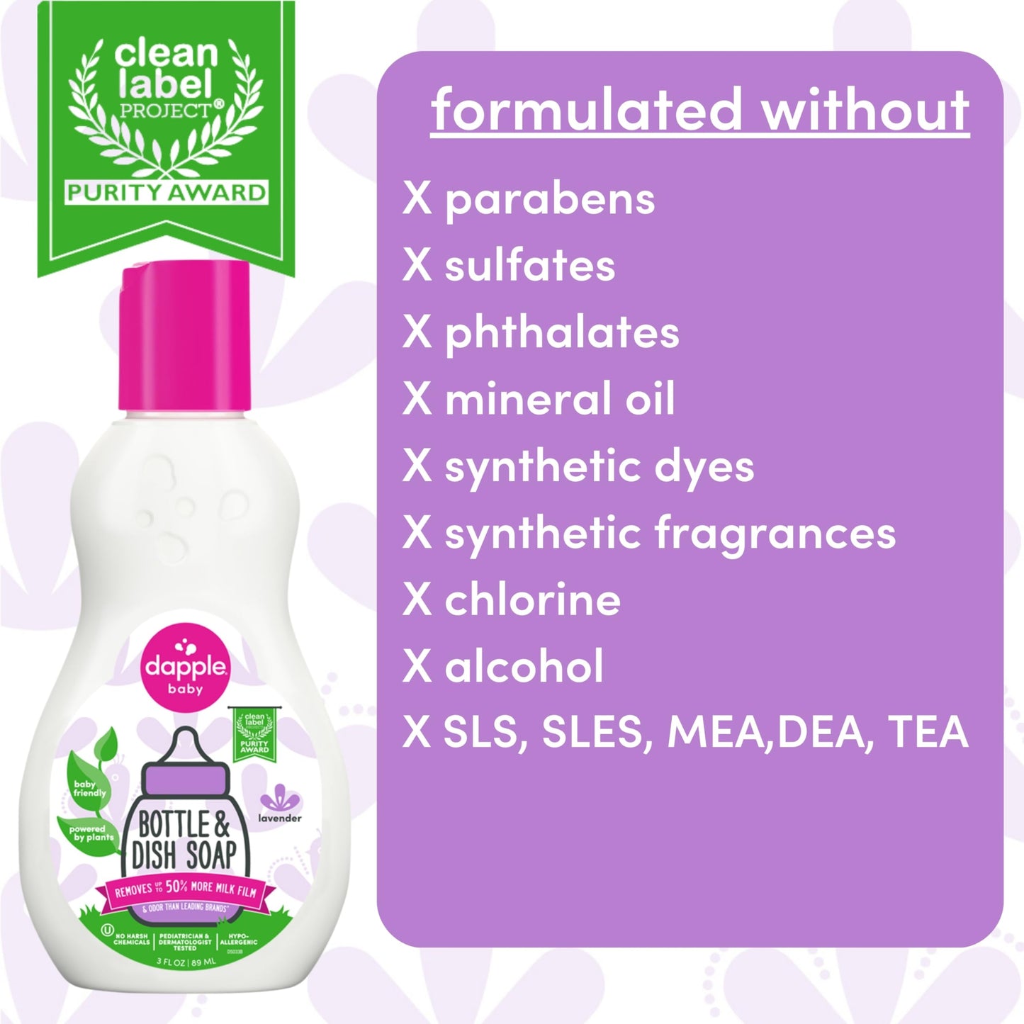 Dapple Baby Bottle Soap, Hypoallergenic Dish Soap for Baby Bottles, Powered by Plants, Travel Size, Lavender, 3 Fl Oz (Pack of 1
