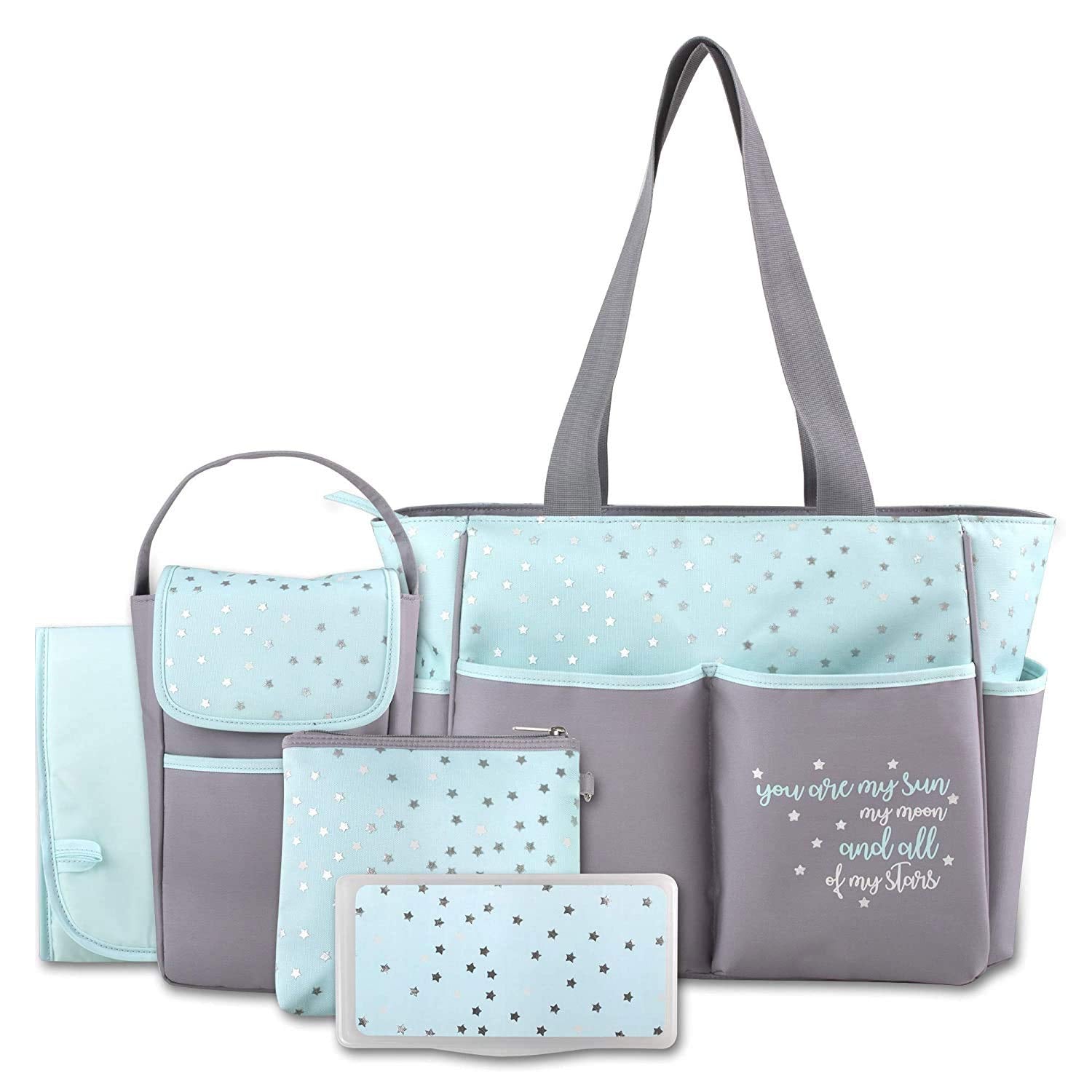 Baby Essentials Diaper Bag Tote 5 Piece Set With Sun, Moon, And Stars, Wipes Pocket, Dirty Diaper Pouch, Changing Pad (Grey/Aqua