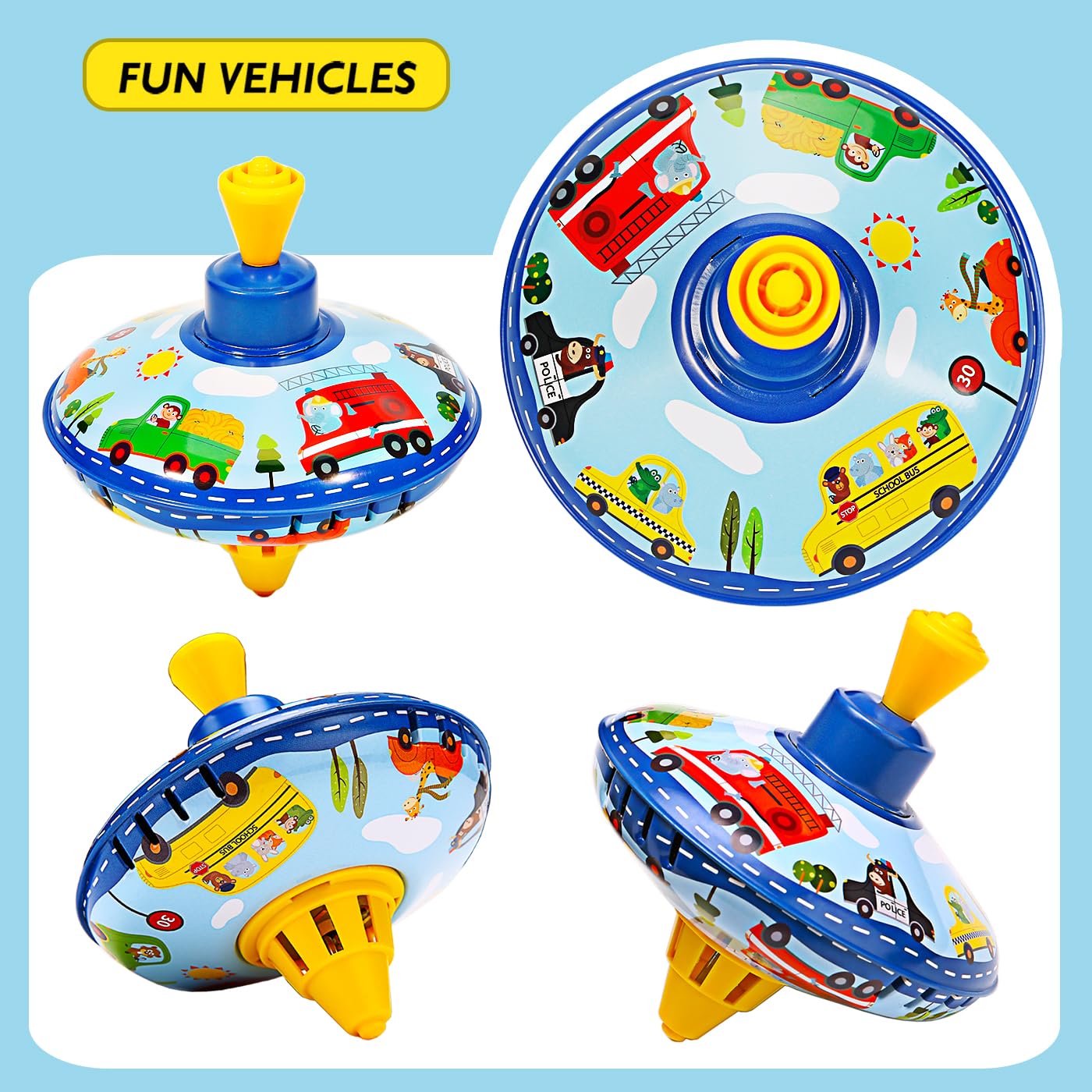Beeqoo Retro Spinning Top Tin Toy For Kids - Fun Vehicle Classic Toys - Toddler Traditional Spin Tops - Metal Fidget Spinner For