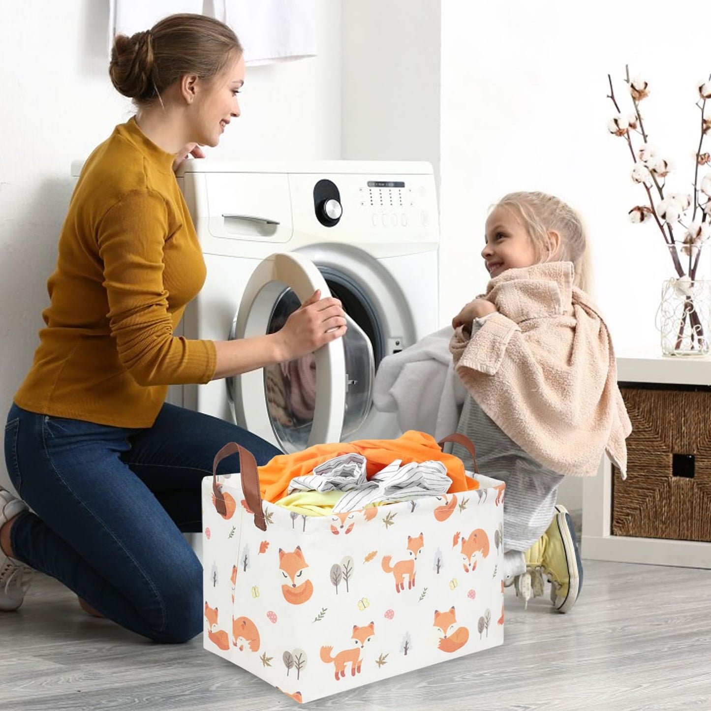 Fxocshe Rectangle Fox Basket,Collapsible Canvas Waterproof Storage Basket,Toy Organizer,Laundry Basket For Kid Rooms,Baby Room D