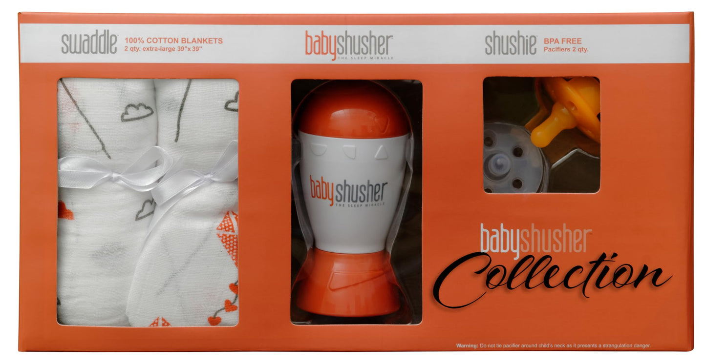 Baby Shusher Gift Set - Includes Portable White Noise Sound Machine, 2 Shushie Pacifiers, and 2 Cotton Swaddles, Travel Friendly