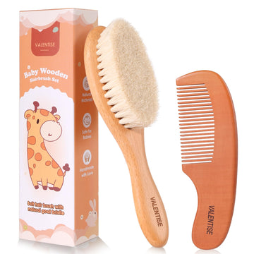 Valentise Baby Hair Bush And Comb Set,Baby Hair Brush With Soft Goat Bristle And Wood Comb Set,Wooden Baby Brush Set For Newborn