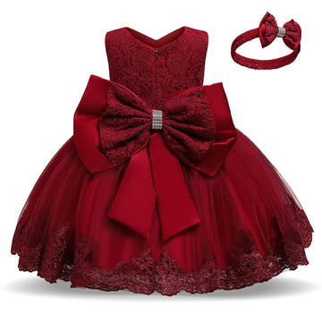 Nnjxd Baby Girls Lace Dress Bowknot Flower Dresses Wedding Pageant Baptism Christening Tutu Gown Size (90) 12-18 Months #Red