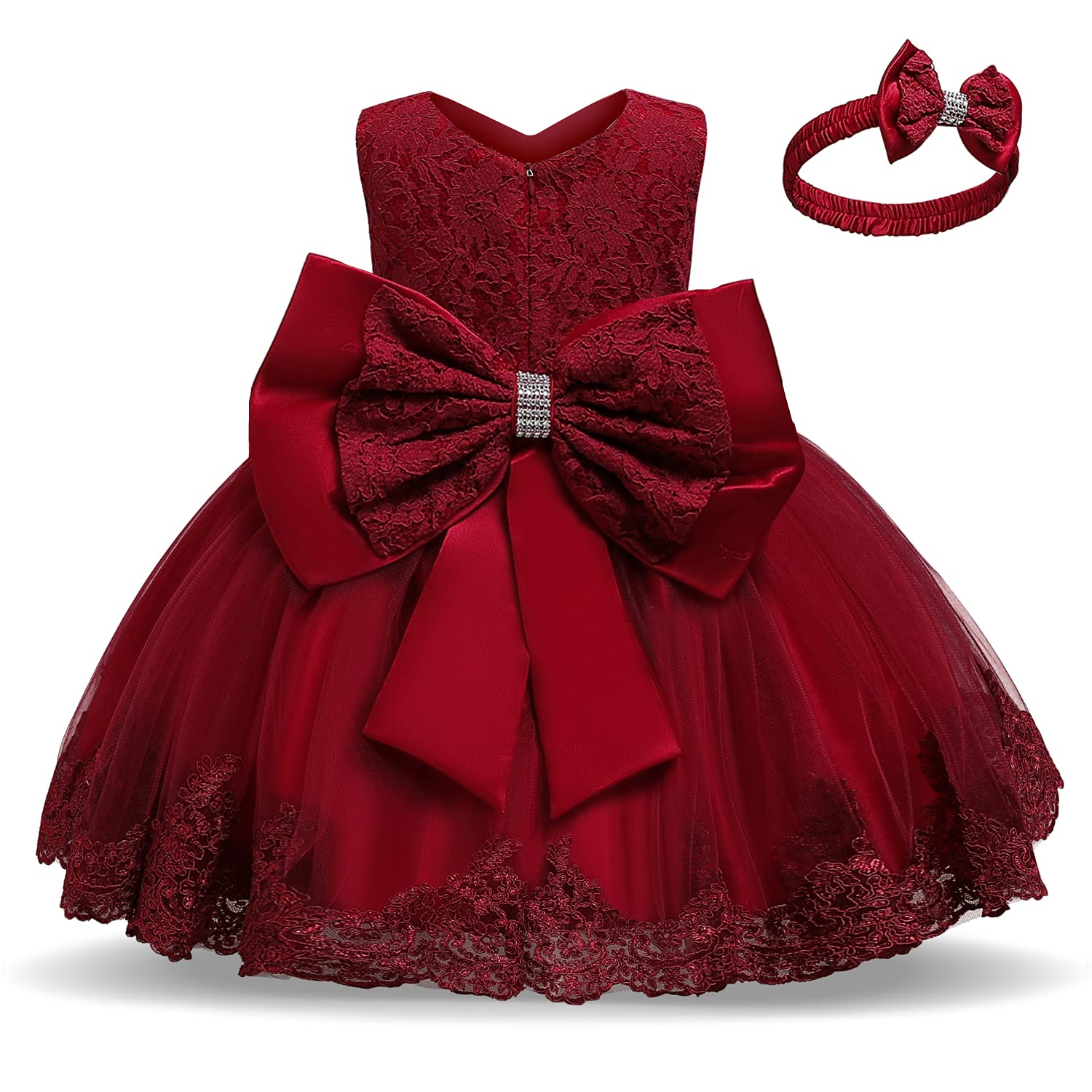 Nnjxd Baby Girls Lace Dress Bowknot Flower Dresses Wedding Pageant Baptism Christening Tutu Gown Size (80) 6-12 Months #Red