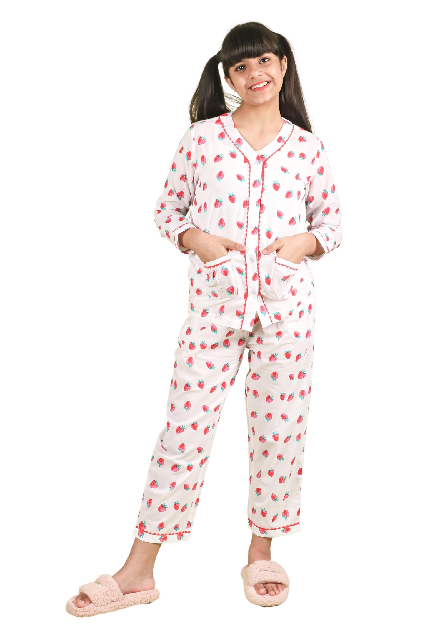 Tweeny Mini Girls Kids Pure Cotton Sleepwear| Night Suit | Night Wear | Full Sleeves TShirt & Pyjama Combo Set Fruit Printed wi