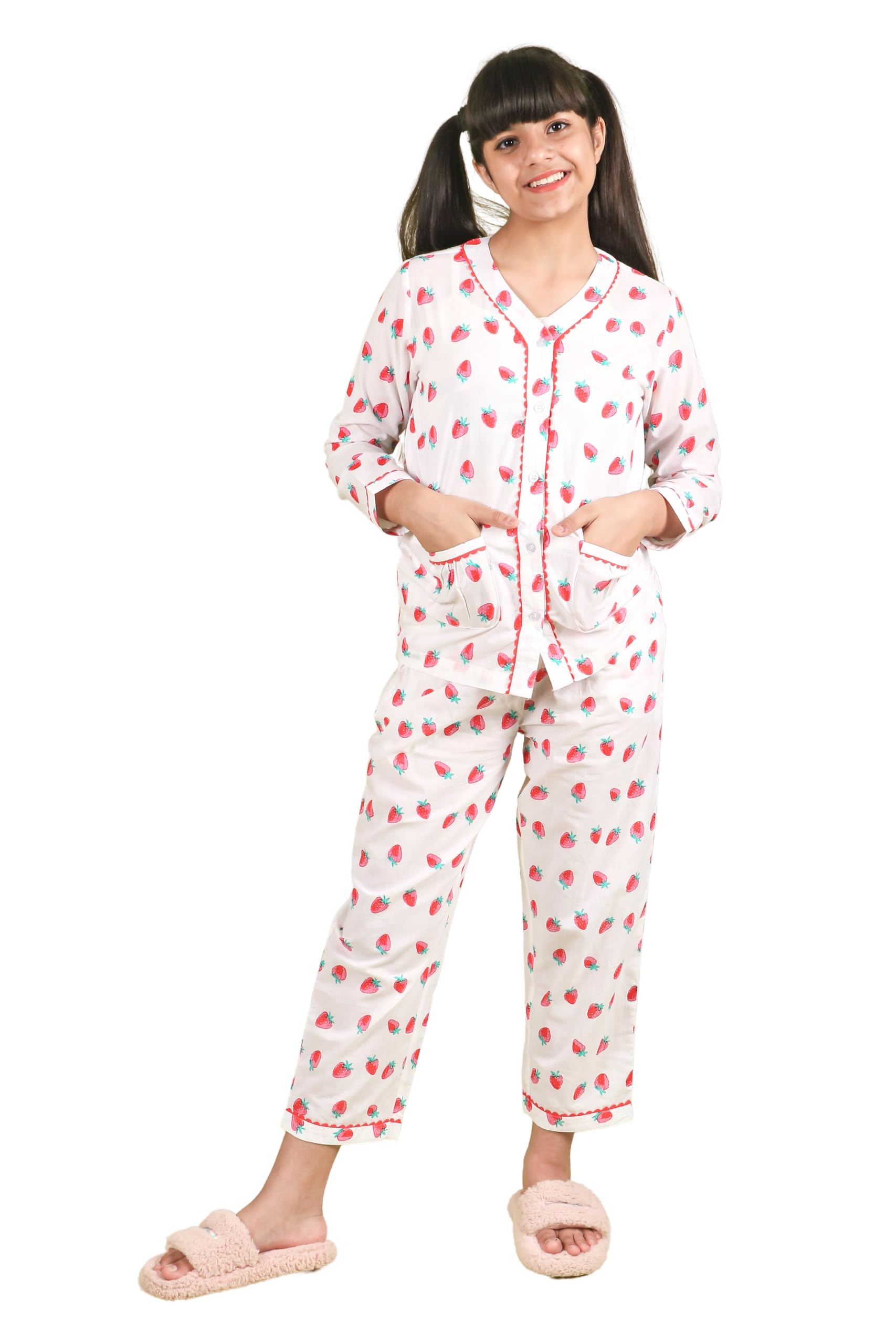 Tweeny Mini Girls Kids Pure Cotton Sleepwear| Night Suit | Night Wear | Full Sleeves TShirt & Pyjama Combo Set Fruit Printed wi