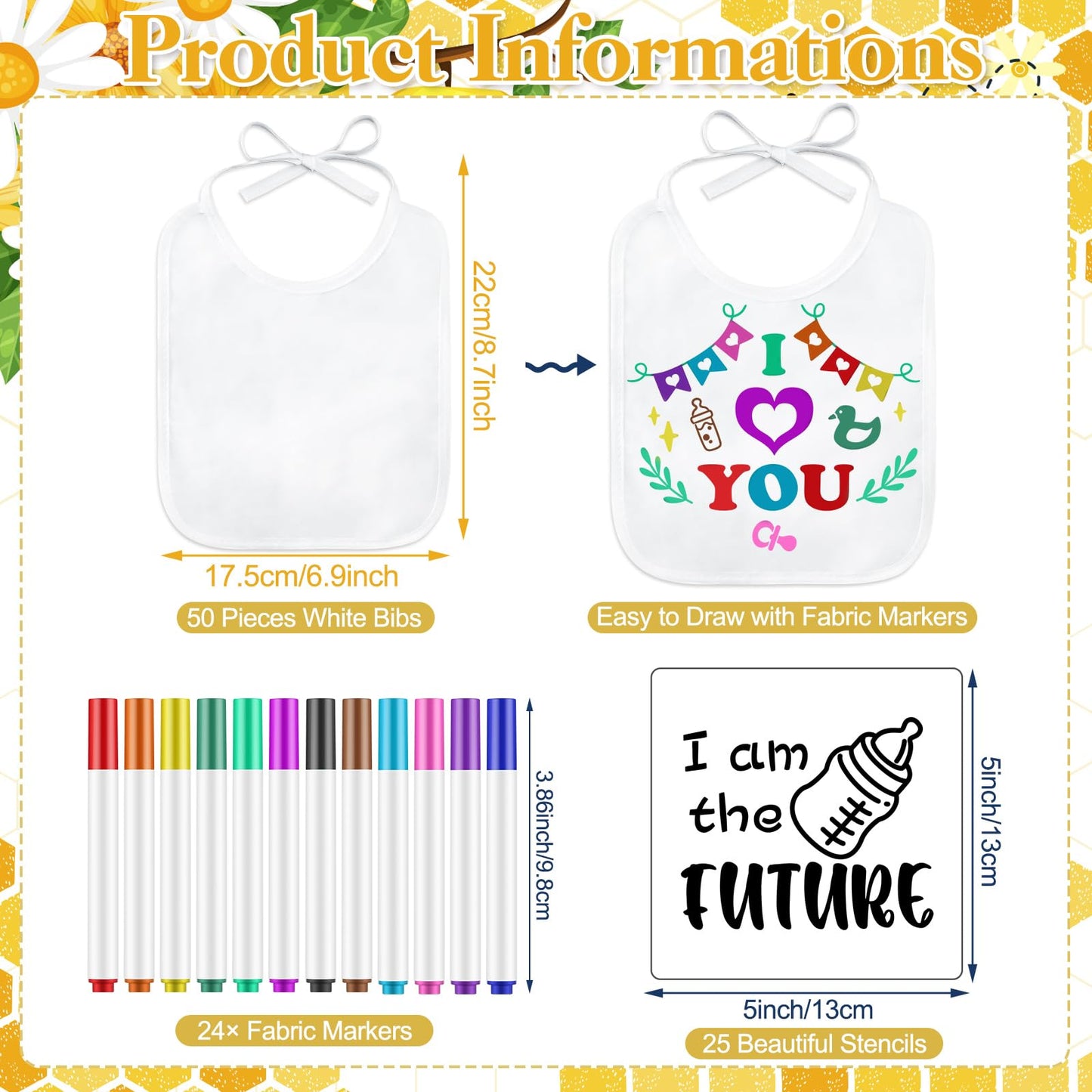 Panitay 100 Pcs Diy Baby Bibs Decorating Kit 50 White Bibs 25 Stencils 24 Fabric Markers 1 Baby Shower Game Sign(Bee)