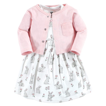 Hudson Baby Baby Girls Hudson Infant Girl Cotton And Cardigan Set, Bunny Floral, 9-12 Months Casual Dress, Bunny Floral, Months
