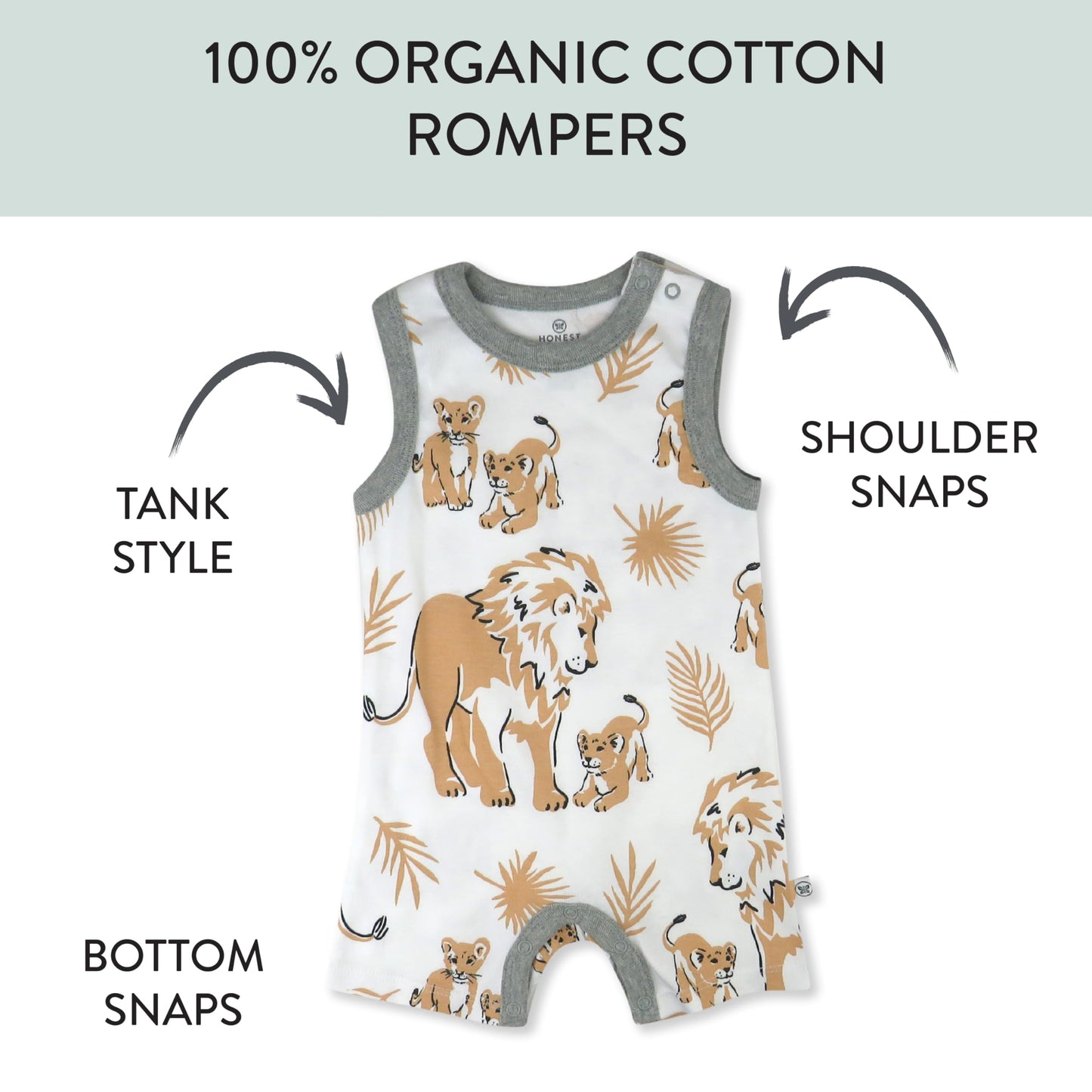 Honestbaby Multipack Short Romper Sets And Dresses 100% Organic Cotton For Infant Baby And Toddler Boys, Girls, Unisex, Lion, Ne