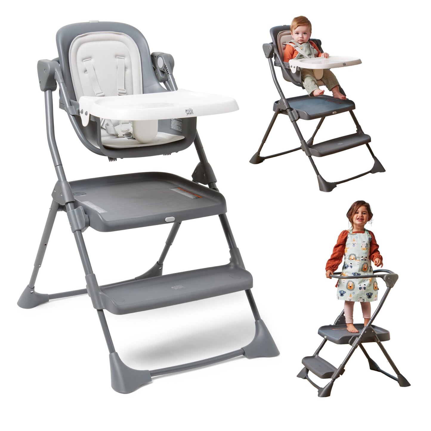 The First Years Foldable Toddler Tower and High Chair - 2-in-1 Baby High Chair and Toddler Step Stool - Adjustable Grow with Me 