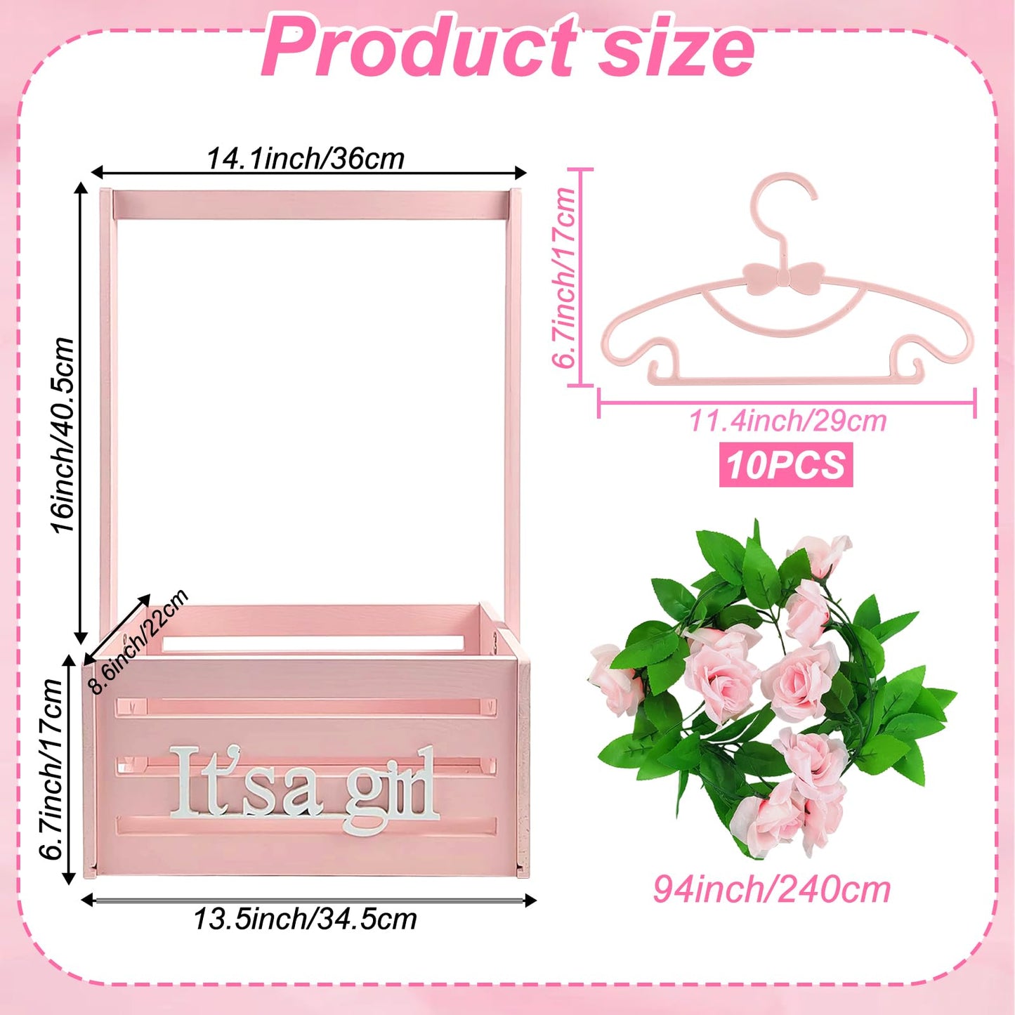 Wooden Baby Shower Crate Closet, Baby Storage Crate Hamper With Handle, Garland And 10 Clothes Hangers, Baby Shower Gifts Basket