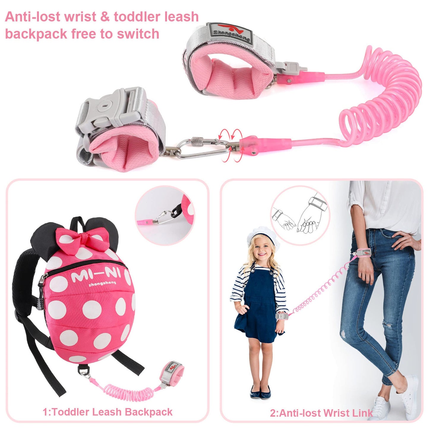 4 In 1 Toddler Harness Leash + Baby Anti Lost Wrist Link, Cute Child Safety Harness Tether, Child Walking Harness Wristband Assi