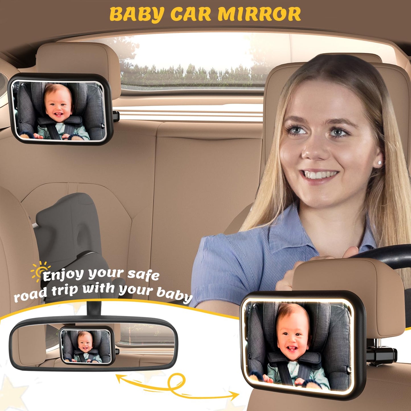 Baby Car Mirror With Light, 7 Rgb Light Rear Facing Baby Car Seat Mirror With Remote Control Rechargeable 360 Rotation Hook Clip