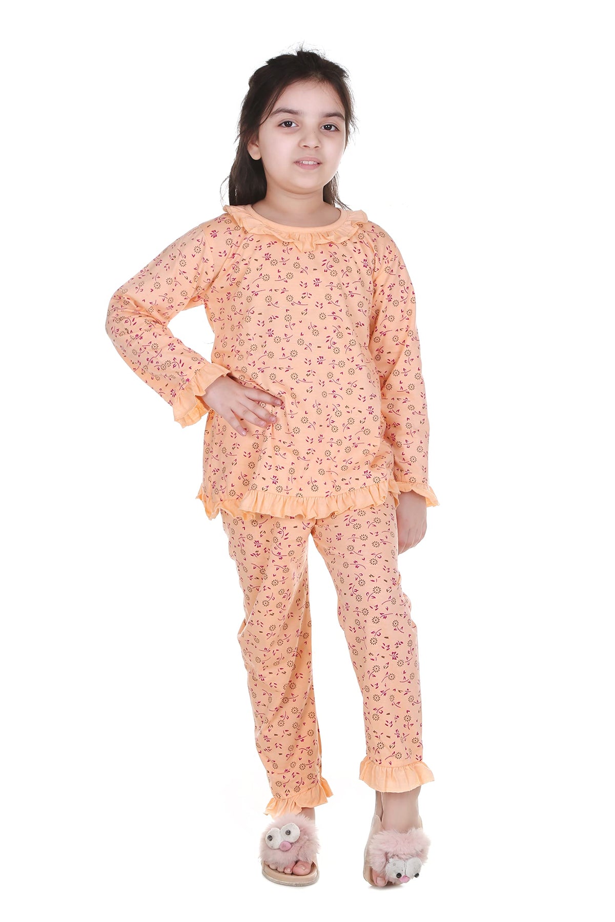 MMShopy Stylish Baby Girls Floral Print Hosiery Cotton Top & Pyjama Set (78 Years, Orange)