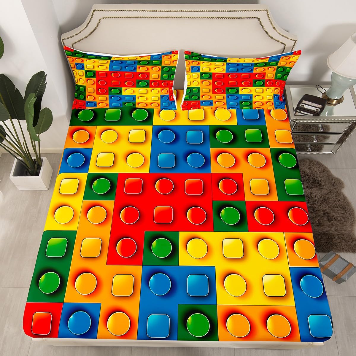 Feelyou Toddler Building Blocks Fitted Sheet Queen Size Kids Toy Brick Bedding Set for Boys Teens Games Bed Sheet Set Breathable