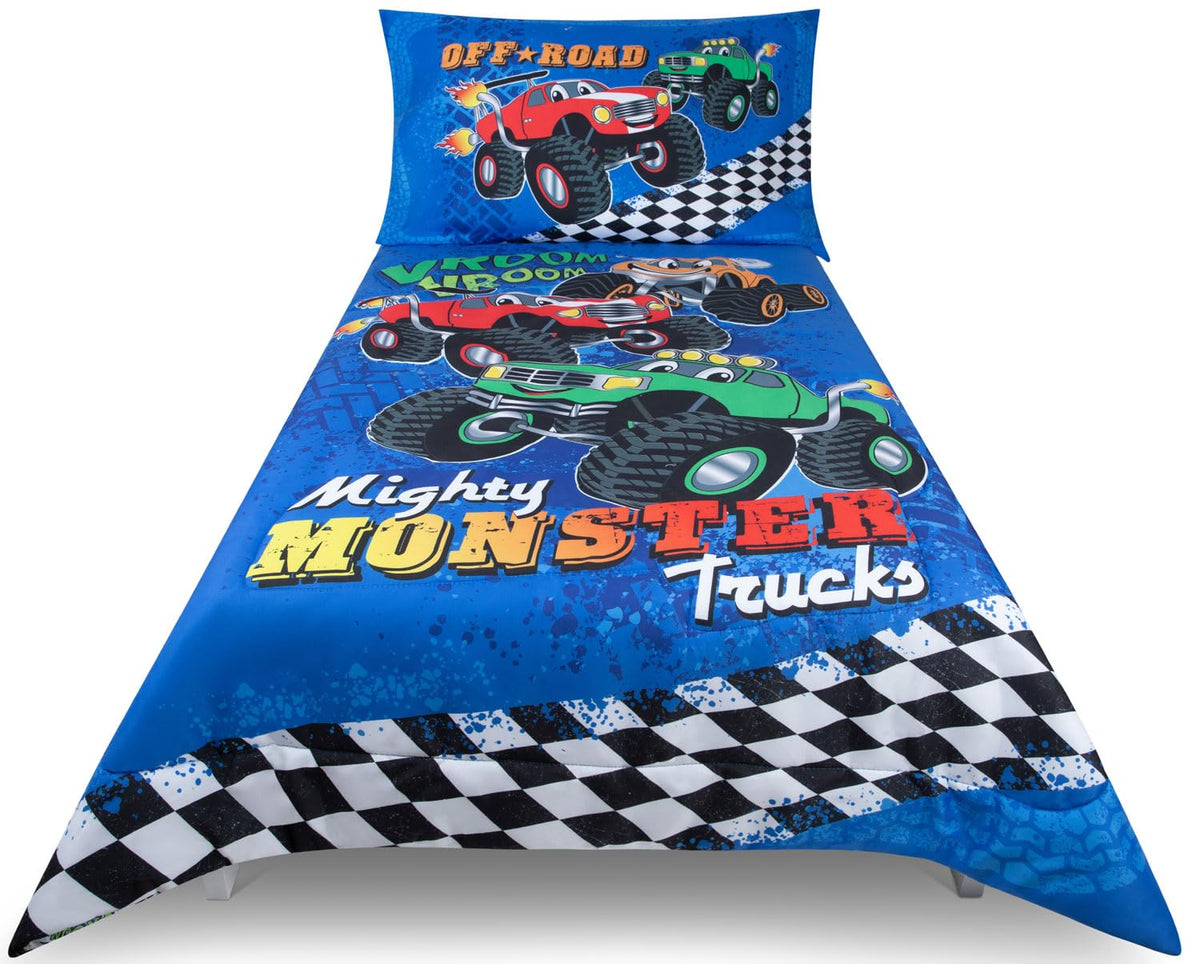 Todays Kids Monster Trucks 4 Piece Toddler Bedding Set  4 Piece Toddler Bedding Set with Reversible Comforter and Pillowcase, F