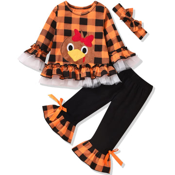 Aalizzwell 18-24 Months Toddler Baby Girls Thanksgiving Outfit Long Sleeve Ruffle Turkey Tops Buffalo Plaid Bell Bottoms With He