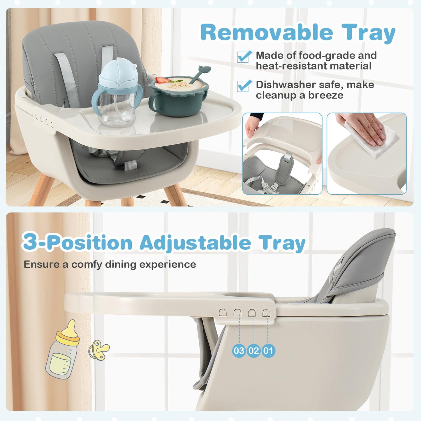 Honey Joy High Chair, 3-In-1 Eat & Grow Wooden Highchair/Toddler Chair With Removable Tray, 5-Point Harness, Pu Cushion And Foot