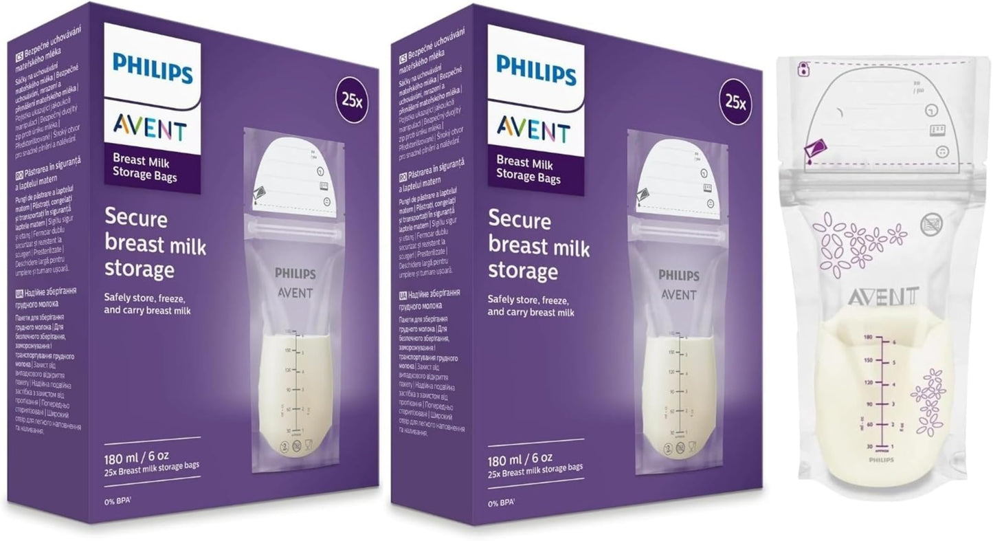 Philips AVENT Breast Milk Storage Bags, Clear, 6 Ounce, 50 Pack, SCF603/50