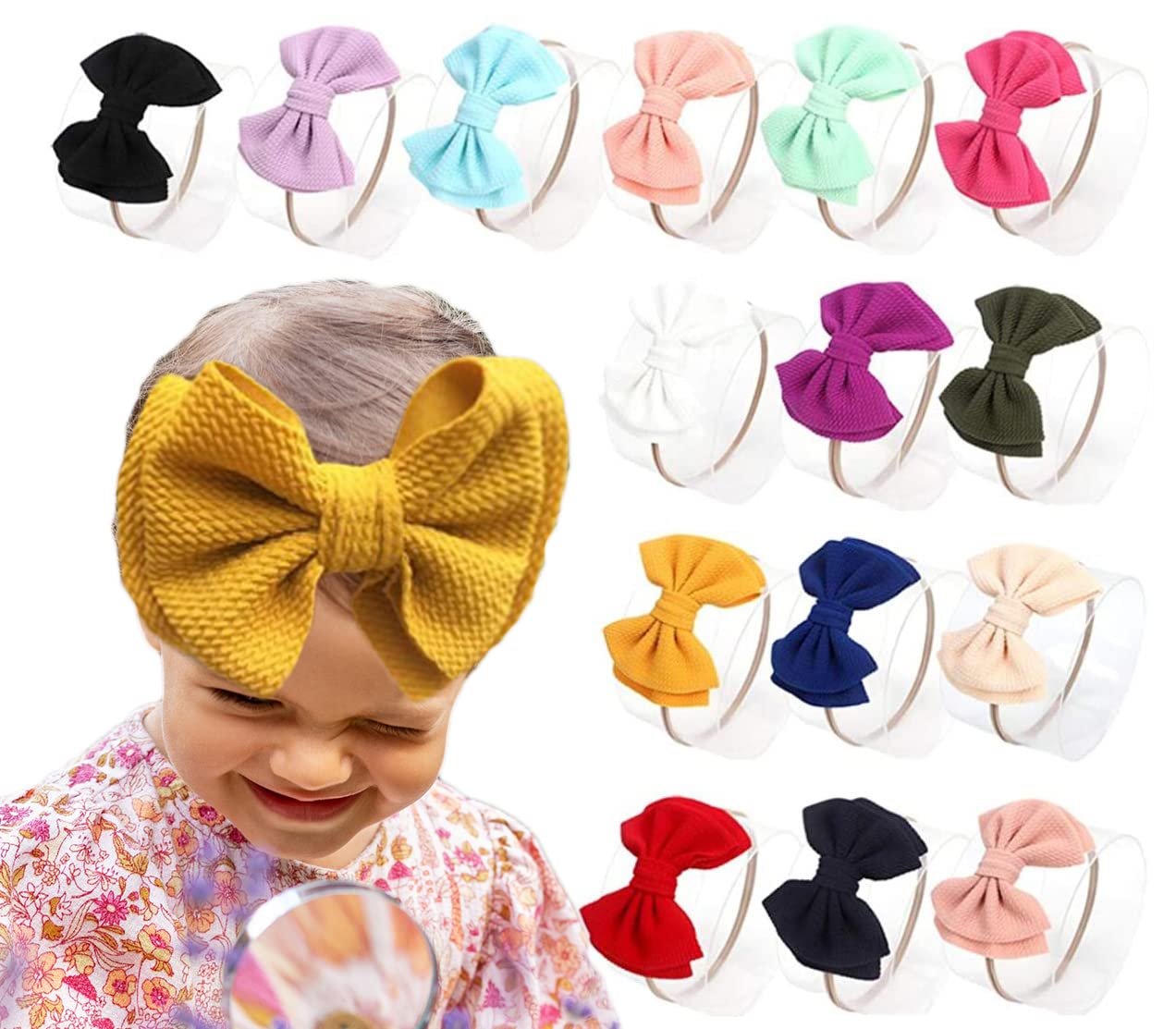 Danmy Baby Girl Nylon Headbands Newborn Infant Toddler Bow Hairbands Soft Headwrap Children Hair Accessories (15Pack-Pink Set)
