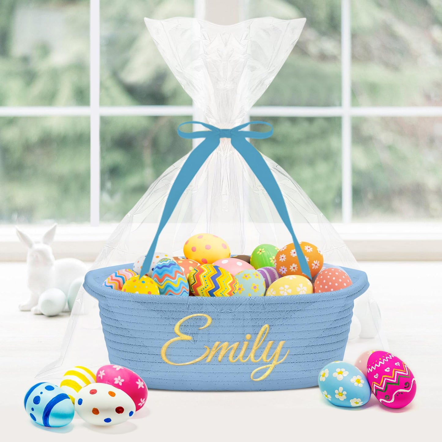 Hutario Personalized Woven Basket Embroidered Name With Gift Bags And Ribbons,Empty Small Rope Basket,Durable Storage Custom Blu